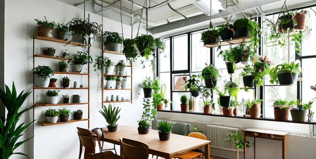 a-meeting-room-with-plants-on-the-rectangle-central-table-on-the-sides-and-hanging-from-the-ceiling-324431131